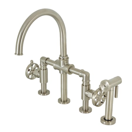 Kingston Brass KS2338RX Industrial Style Bridge Kitchen Faucet with Brass Sprayer, Brushed Nickel KS2338RX
